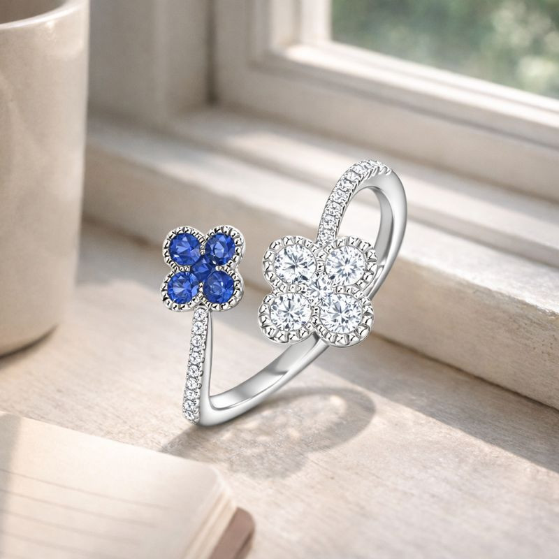 925 Sterling Silver Flower Ring|White Blue CZ Floral Open Band Statement Jewelry