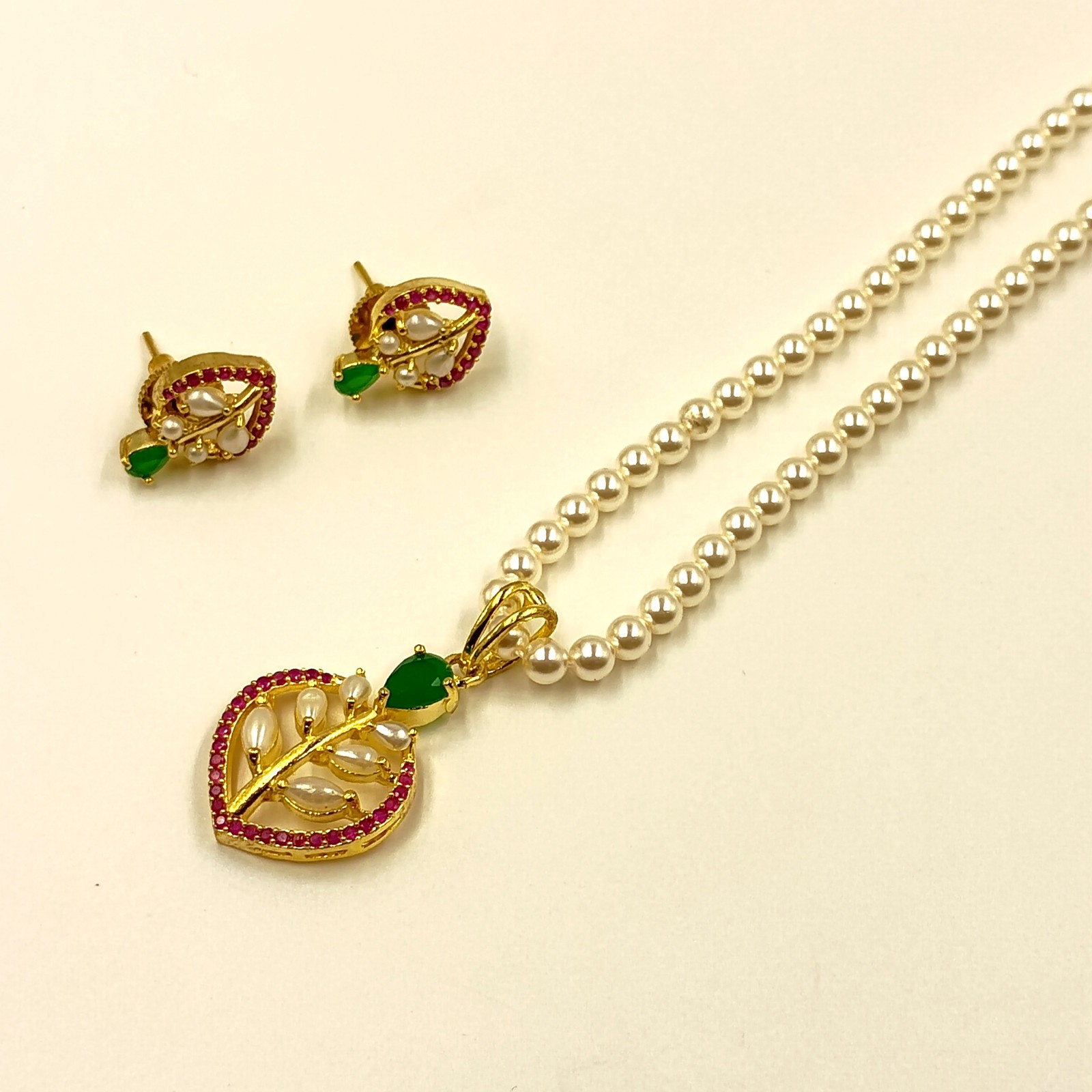Ruby Emerald Pearl Pendant Set, 22k Gold Plated Traditional Indian Wedding Jewel