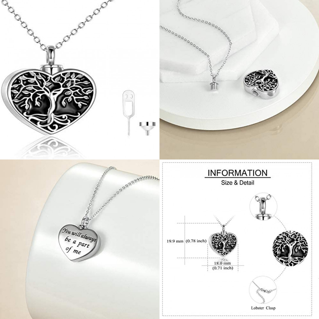 Sterling Silver Tree of Life Cremation Urn Necklaces for Ashes Heart Memorial