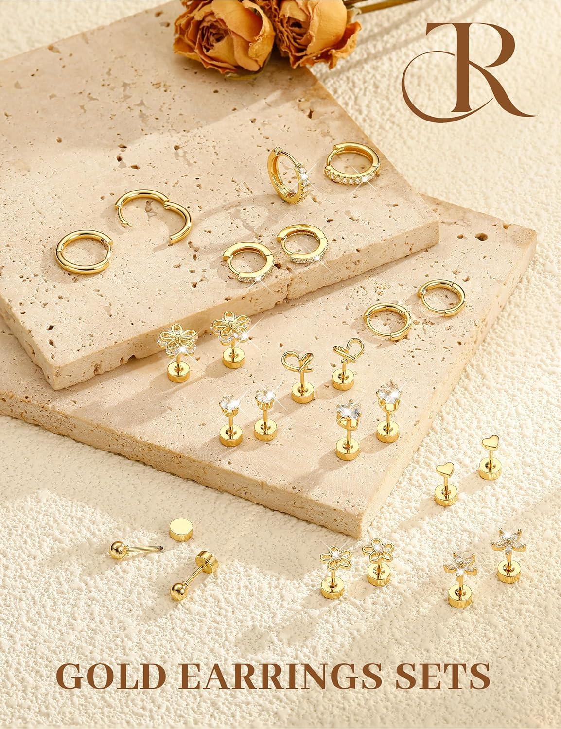 Hypoallergenic Gold Stud Earrings for Women – 14K Gold Plated Surgical Stainless