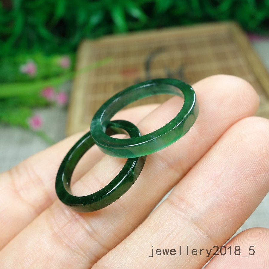 2Pcs Certified Green 100% Natural A jadeite Jade Ring 细条 戒指 指环 USA.6.5#-7.5#