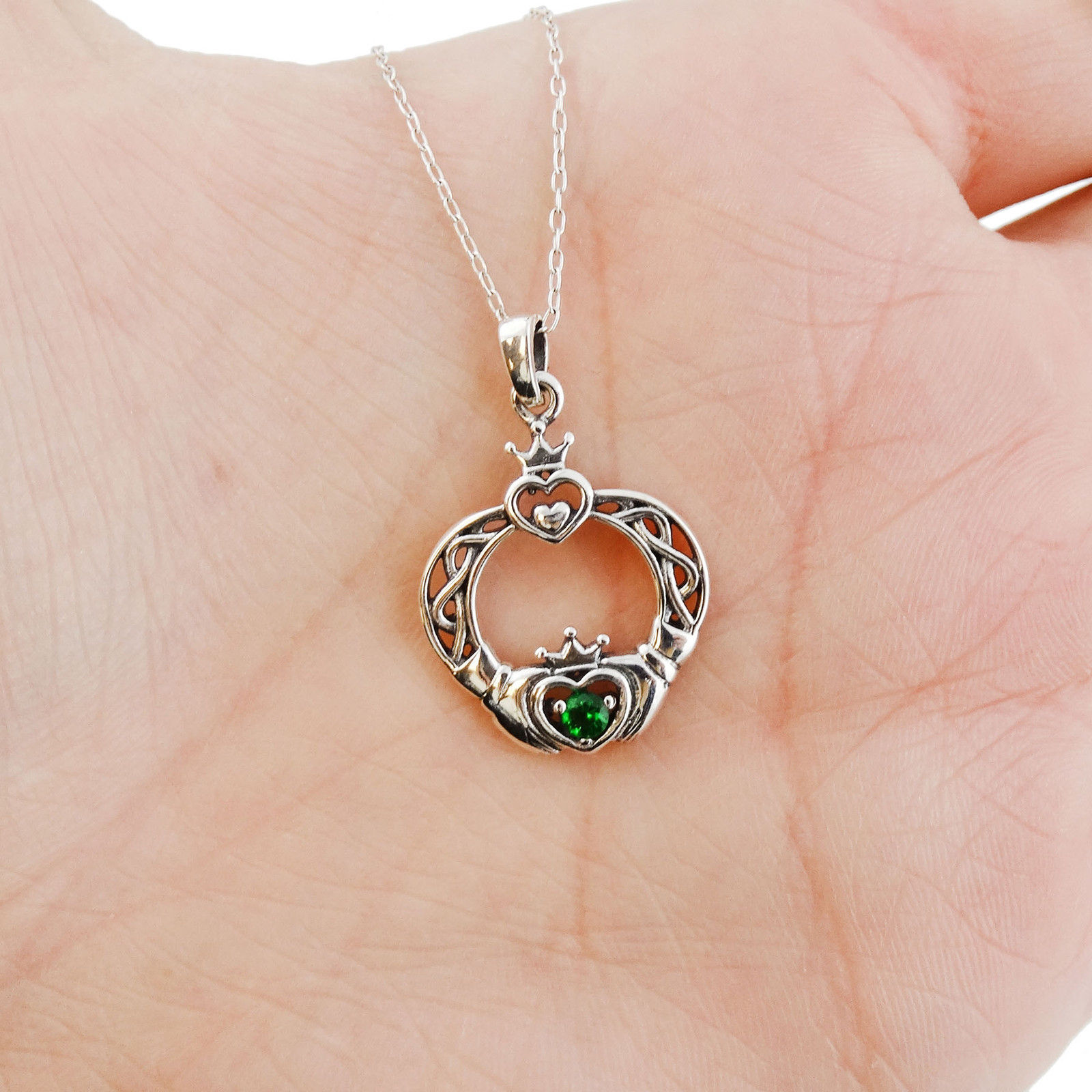 Sterling Silver Irish Claddagh Pendant Necklace with Green Class, 18″ Chain