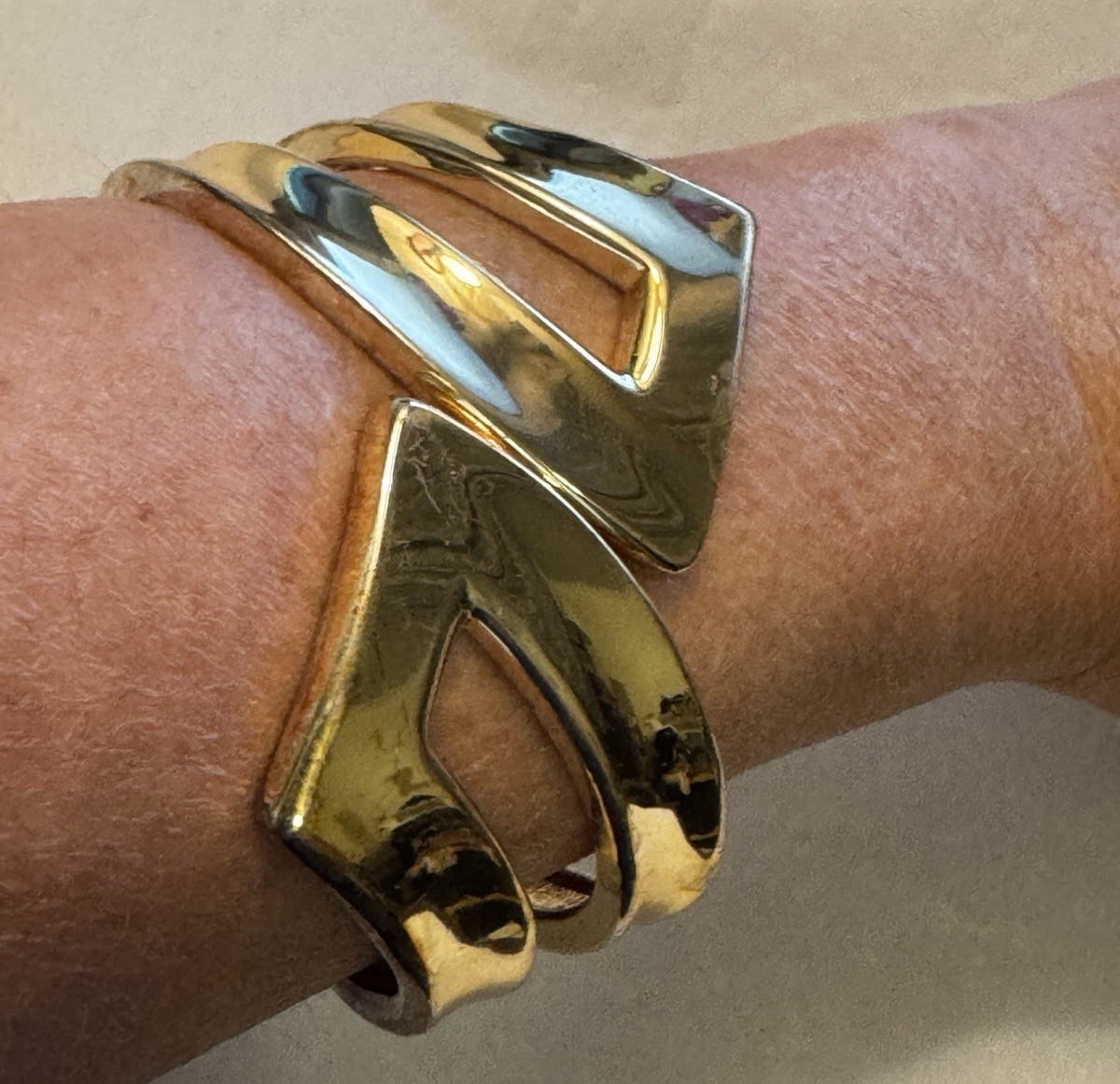 Gold Tone Geometric Hinged Cuff Bracelet Angular Sculptural Bypass Statement