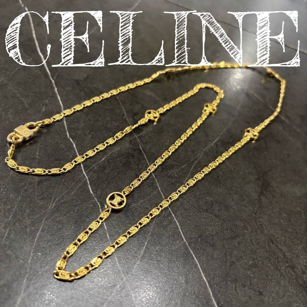 Celine Necklace Long Chain Triomphe Logo Gold Tone Vintage Jewelry Japan