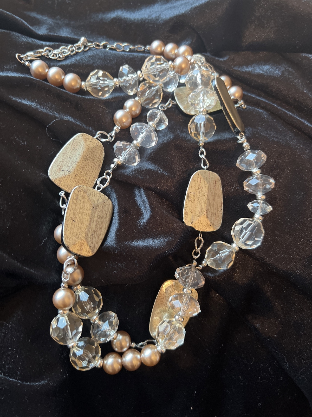 Chico’s Necklace Faceted Pale Blush Lucite Faux Pearl Chunky Silver 46-50”