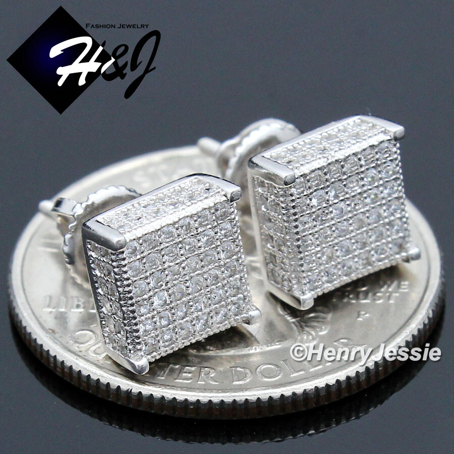 MEN 925 STERLING SILVER ICY BLING CZ 8MM 3D SQUARE SCREW BACK STUD EARRING*E149