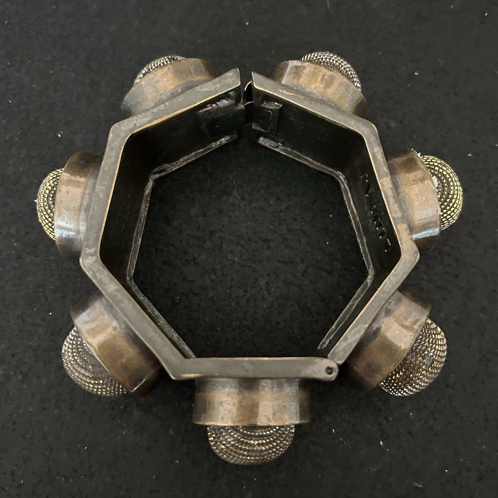 Vintage Industrial Punk Bracelet Gunmetal Mesh Stud Hinged Bangle Grunge Mic