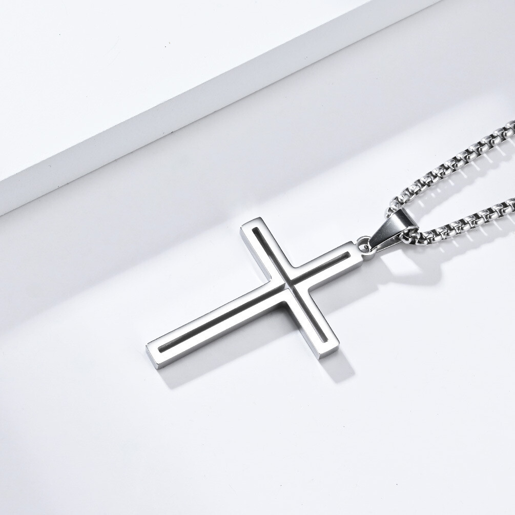 Men Women Simple Cross Necklace Stainless Steel Plain Pendant Box Chain Gift Boy