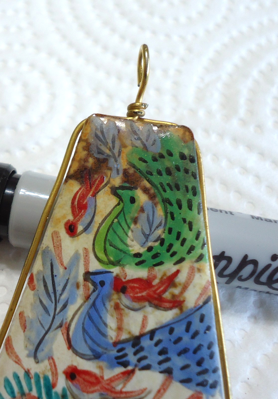 Hand Painted Ceramic Peacock Bird Pendant 2 1/2″ x 1 3/8″
