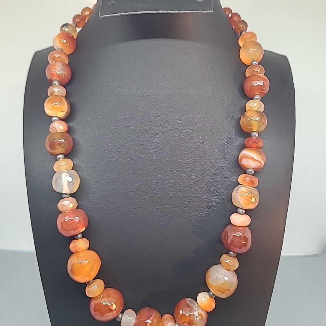 Vintage Carnelian Agate Necklace 925 Orange Sterling Silver Beaded Statement