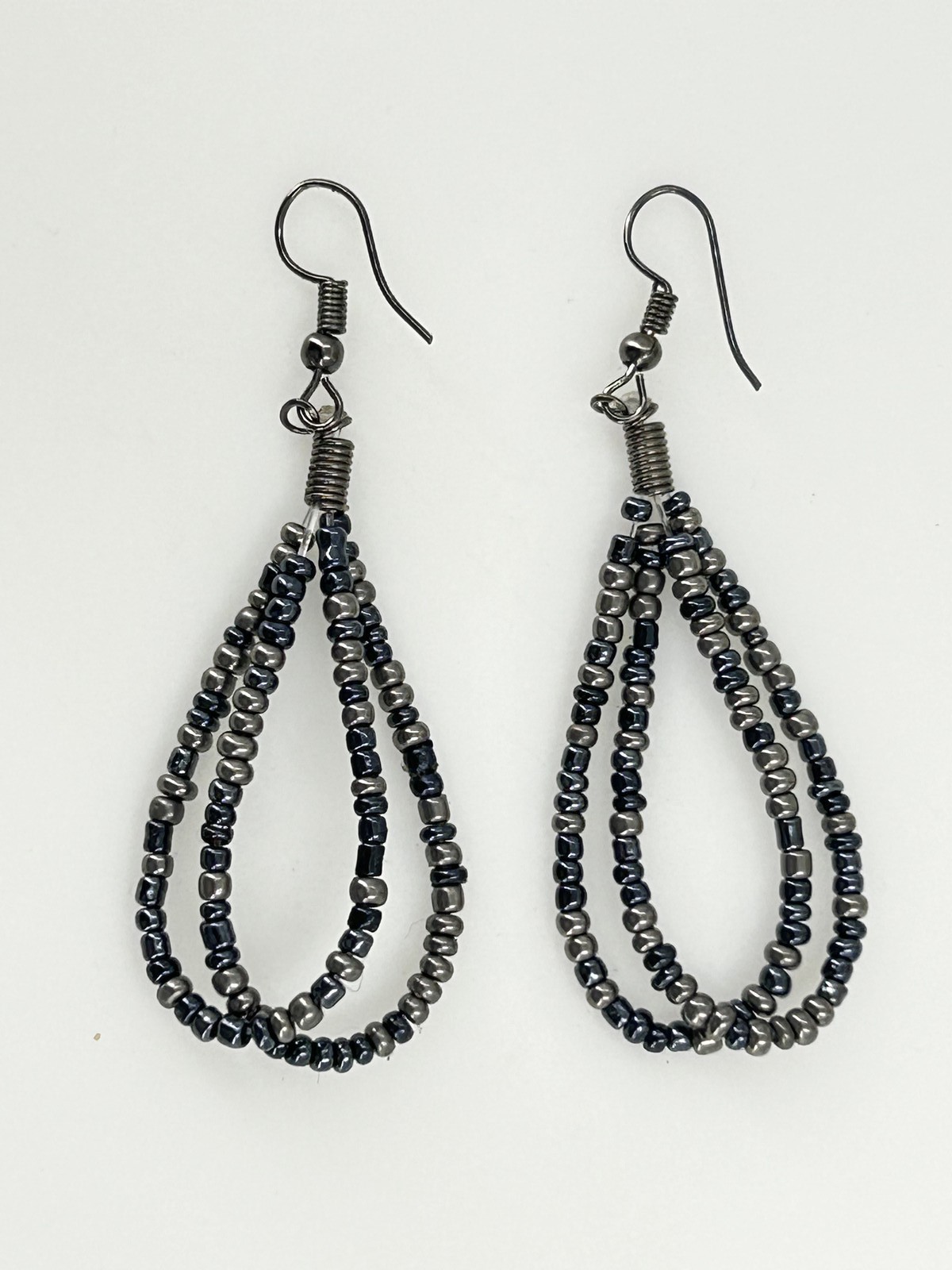 Handmade Beaded Teardrop Earrings 2.2 Inch Gunmetal Black Silver