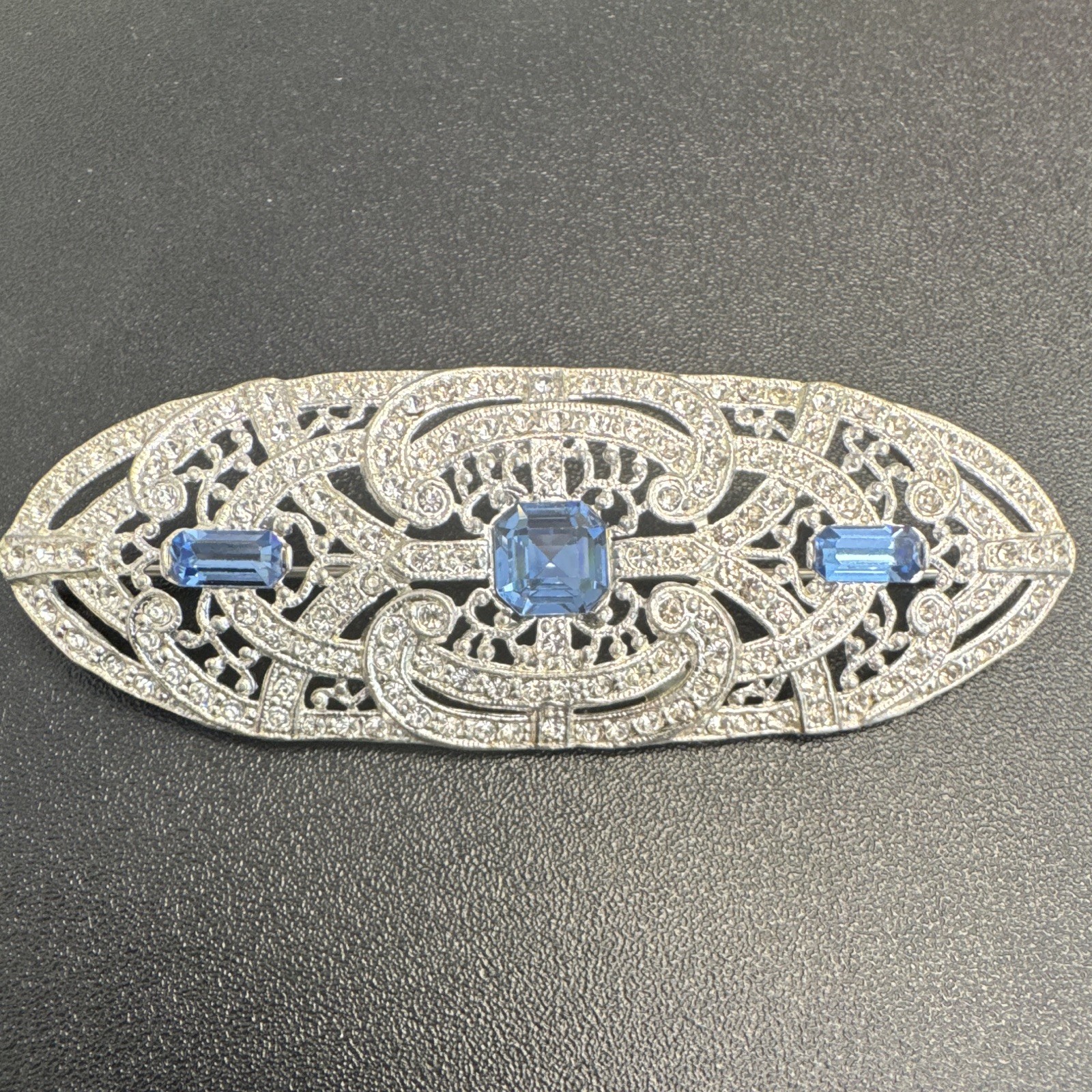 Silver Tone Oval Filigree Blue and Rhinestone Brooch Pin Closure 3.5in