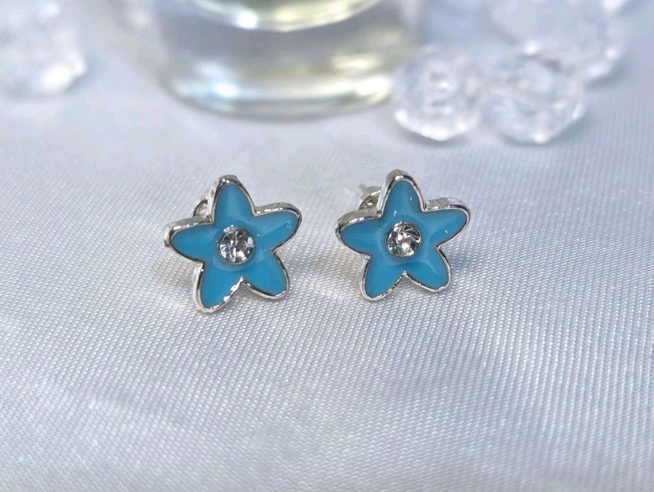 NEW Earrings Blue Flower With Clear Rhinestone Sterling Silver Studs Earrings