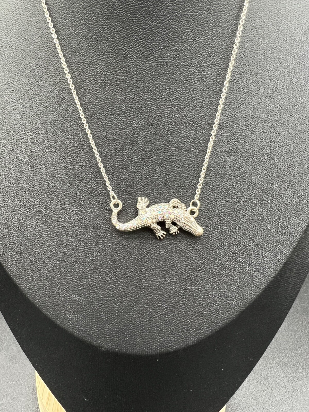 Adult Jewels Silver Tone Necklace Rhinestone Alligator Pendant 15-18”