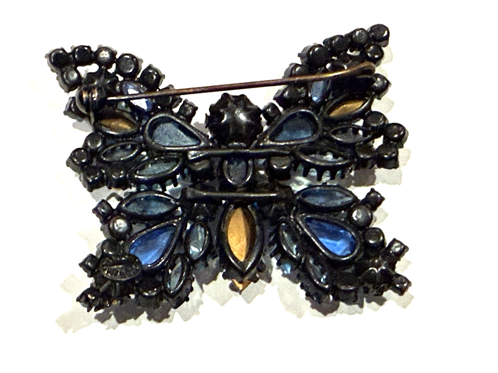 AUSTRIA JAPANNED BLACK METAL BUTTERFLY BROOCH PIN BLUE CRYSTAL RHINESTONES EUC