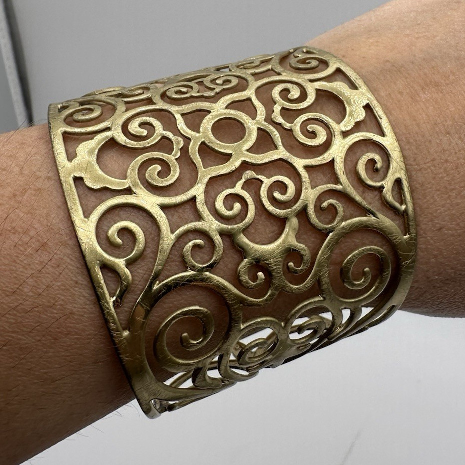 Gold Tone Filigree Scroll Swirl Openwork Wide Cuff Bracelet Metal Sizable