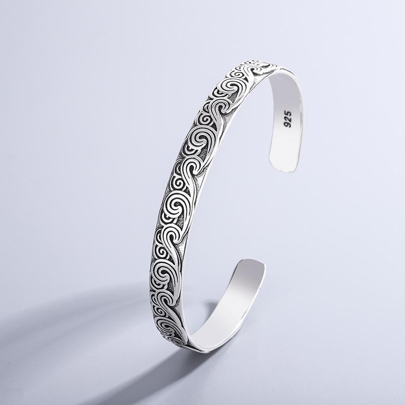 925 Sterling Silver Retro Wave Bangle Bracelet Fashion Open Cuff Jewelry Gift