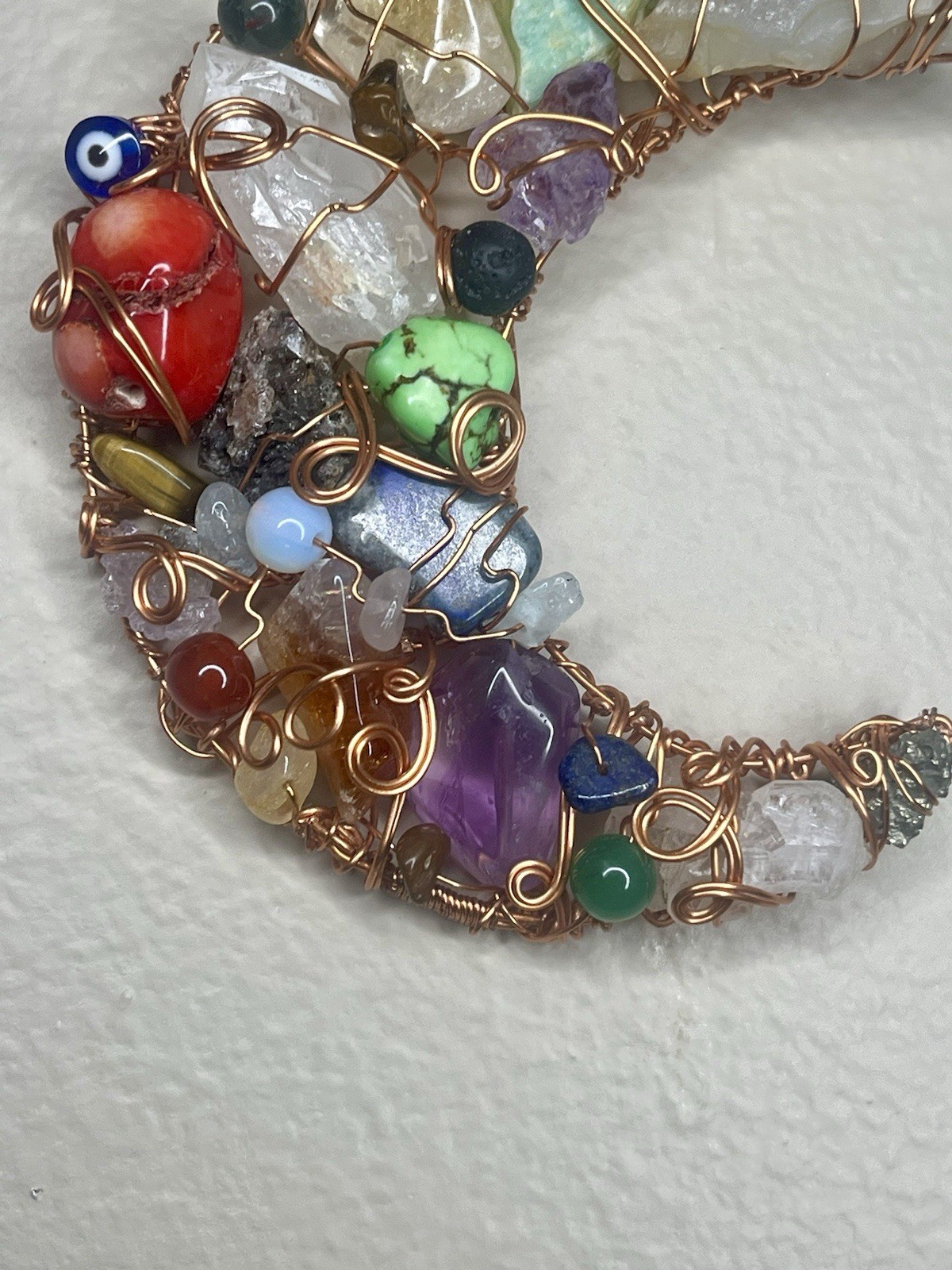 Wire Wrapped Crescent Moon Wall Hanging Amethyst Quartz Opalite Red Coral Copper