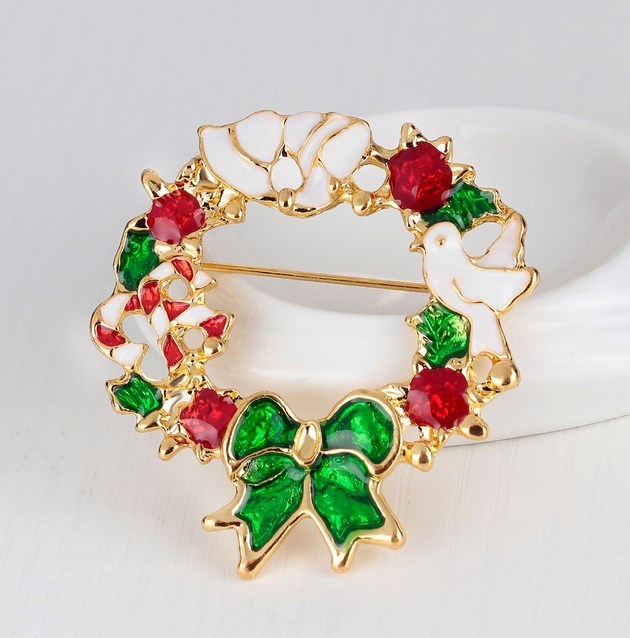 Rose Gold Christmas Bowtie Wreath Blouse Enamel Crystal Tip Brooch Pin Gift