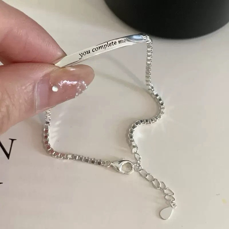 Silver Inspirational Bar Bracelet You Complete Me Adjustable Box Chain Cuff 050