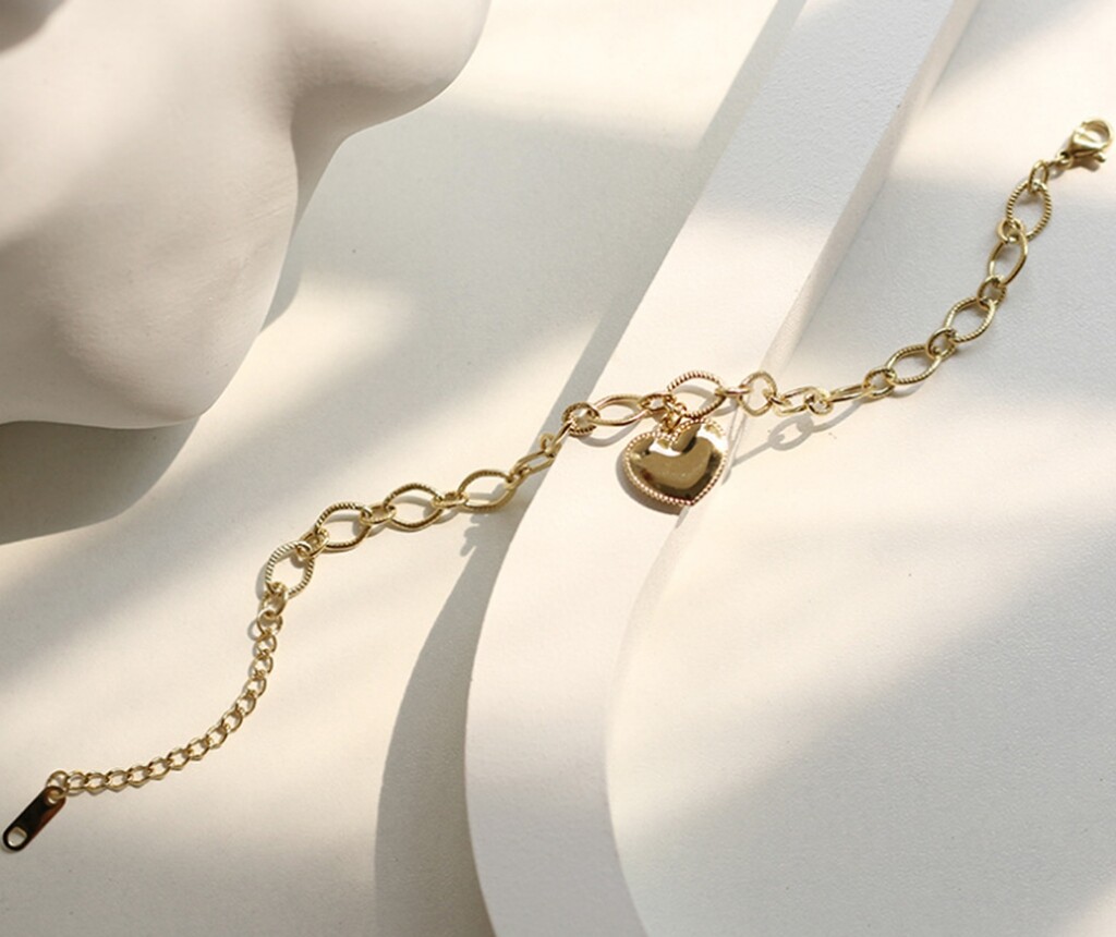 Women Girl Titanium Stainless Steel Non Fade Gold Heart Hand Bracelet 6.5-8.5″