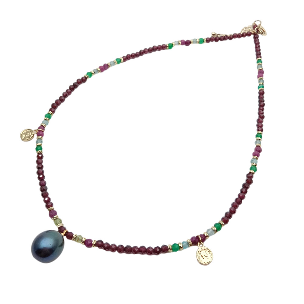 Garnet Agate Ruby Pearl Charm Necklace 3mm Gemstone Cultured Black Pearl Pendant
