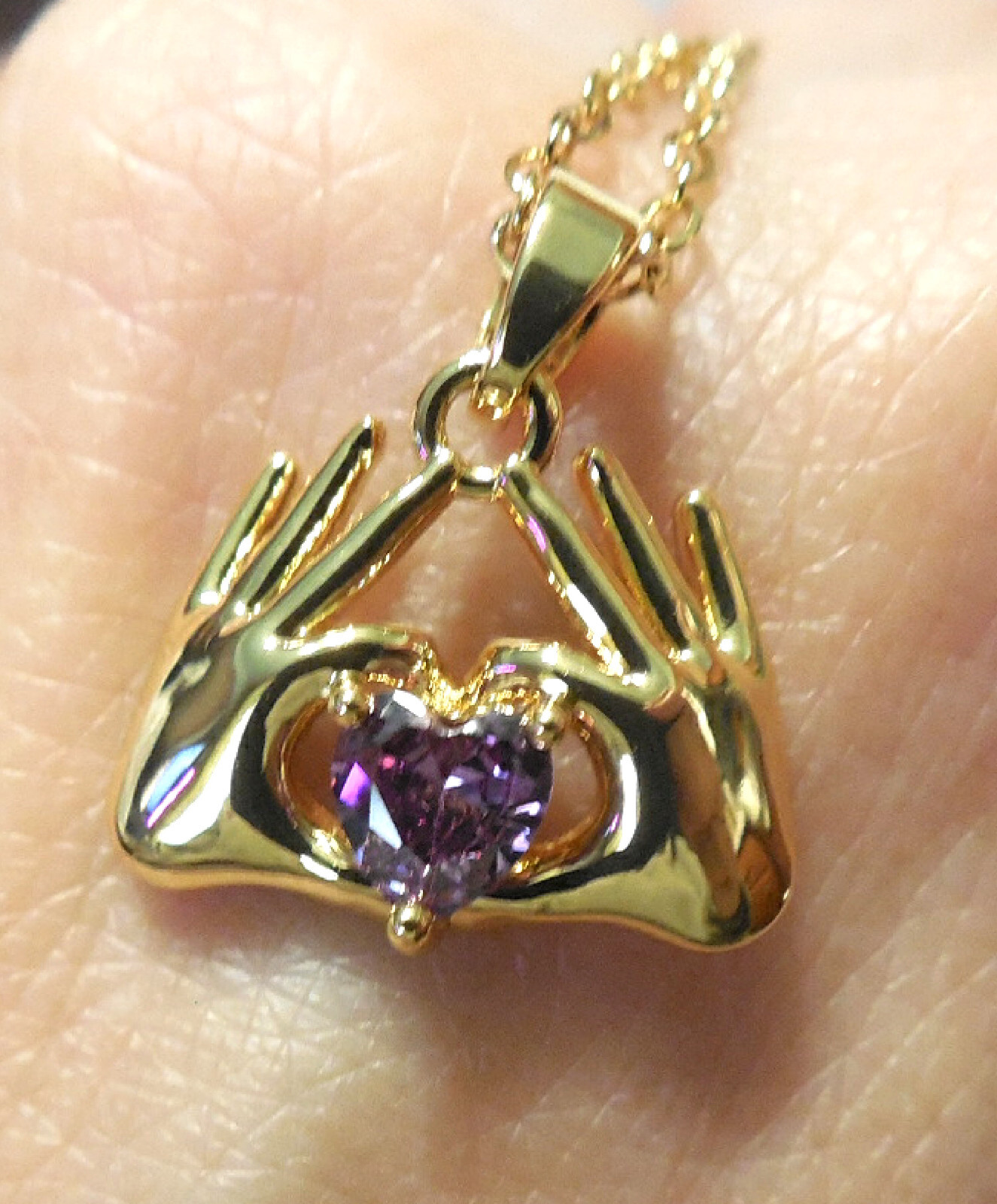 Heart Hands Pendant Necklace Purple Stone O. Secert Amethyst Bag Clean Cloth 18″