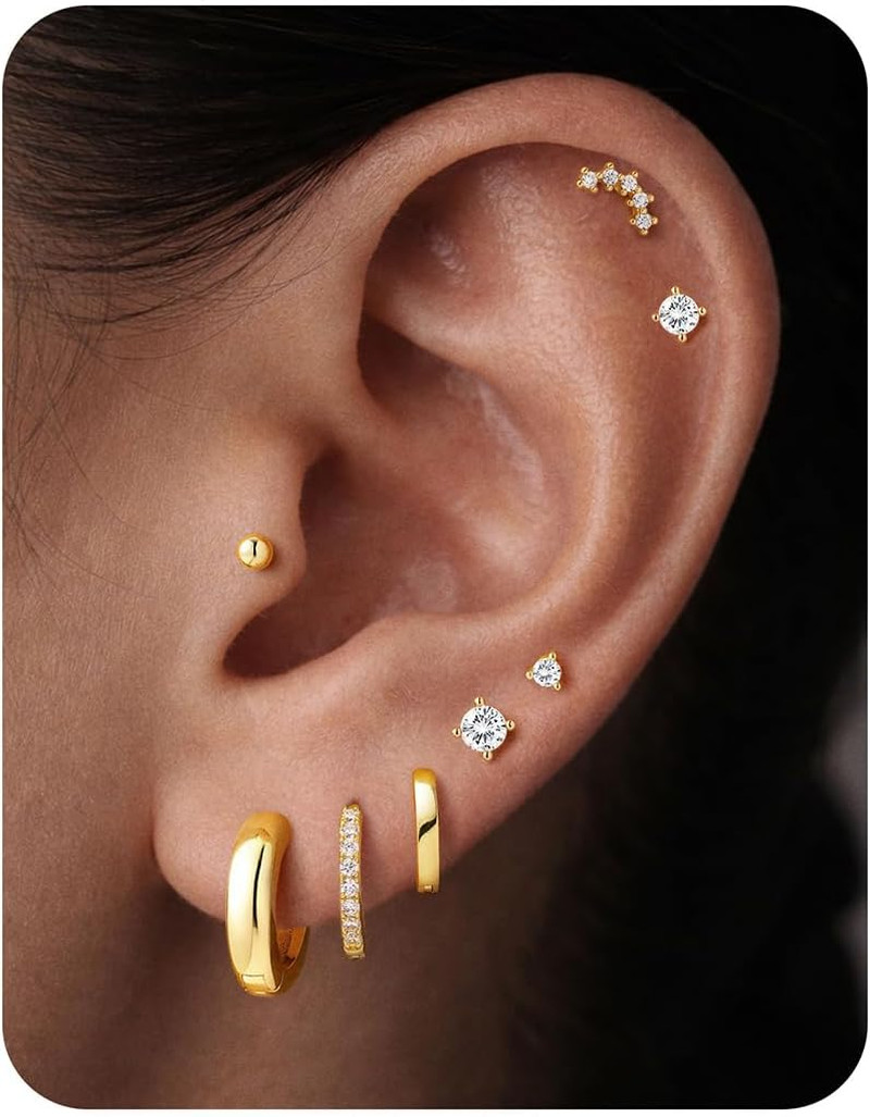 Gold Stud Hoop Earrings for Women, Hypoallergenic 14K Gold Plated Small Huggie H