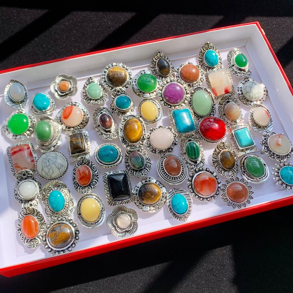 Wholesale 12pcs Big Natural Stone Vintage Rings Women Mix Antique Silver Jewelry
