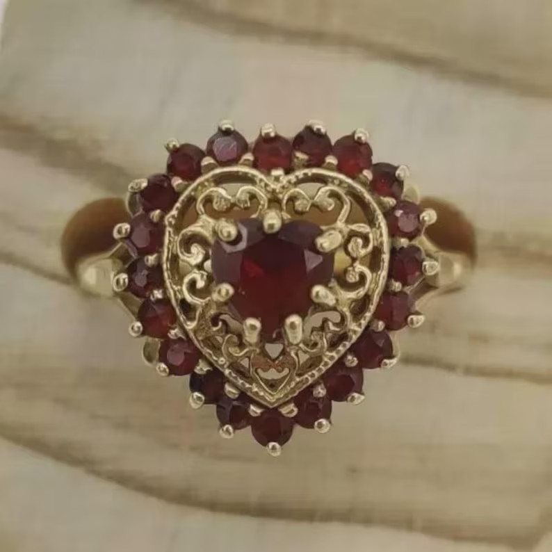 Vintage Garnet Heart Ring Gold Tone Filigree Victorian Statement Ring for Her US
