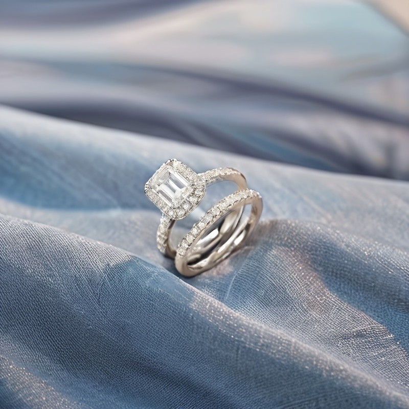 2pcs S925 Silver Moissanite Ring Set 6x8mm Square 2ct Size 6 8 9 10