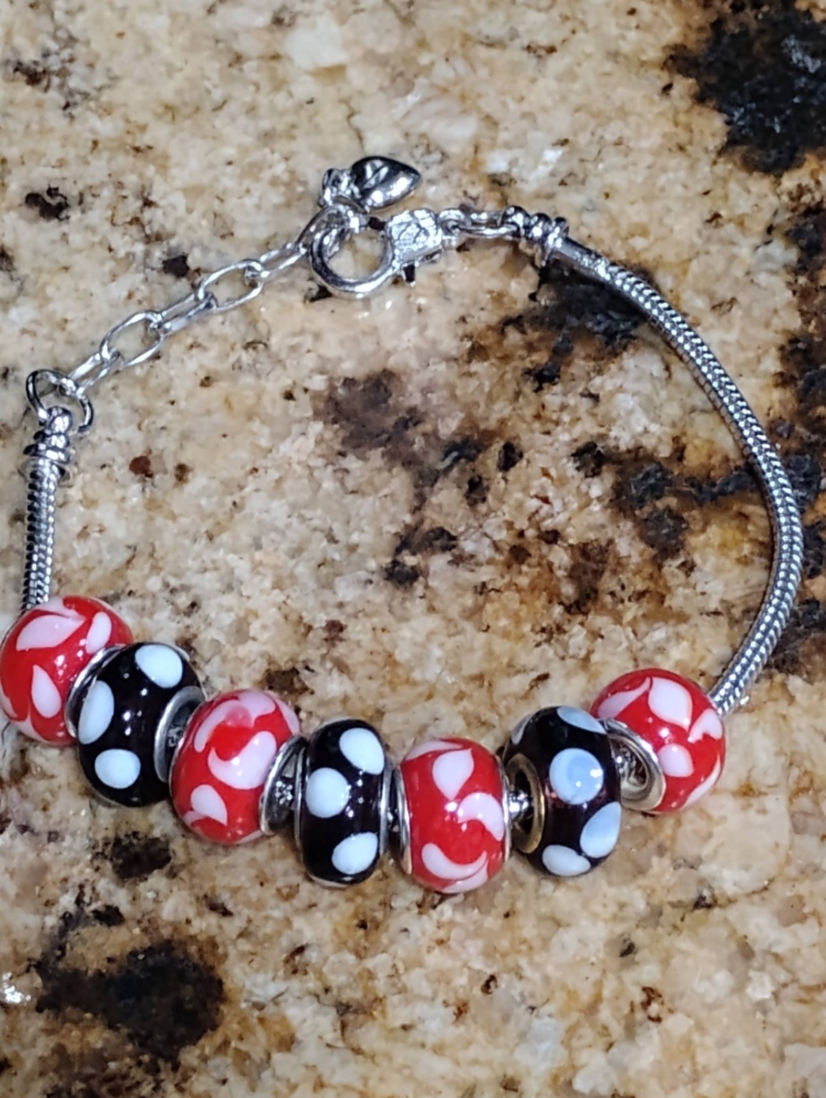 European Charm Bracelet Heart Red Black White Silver