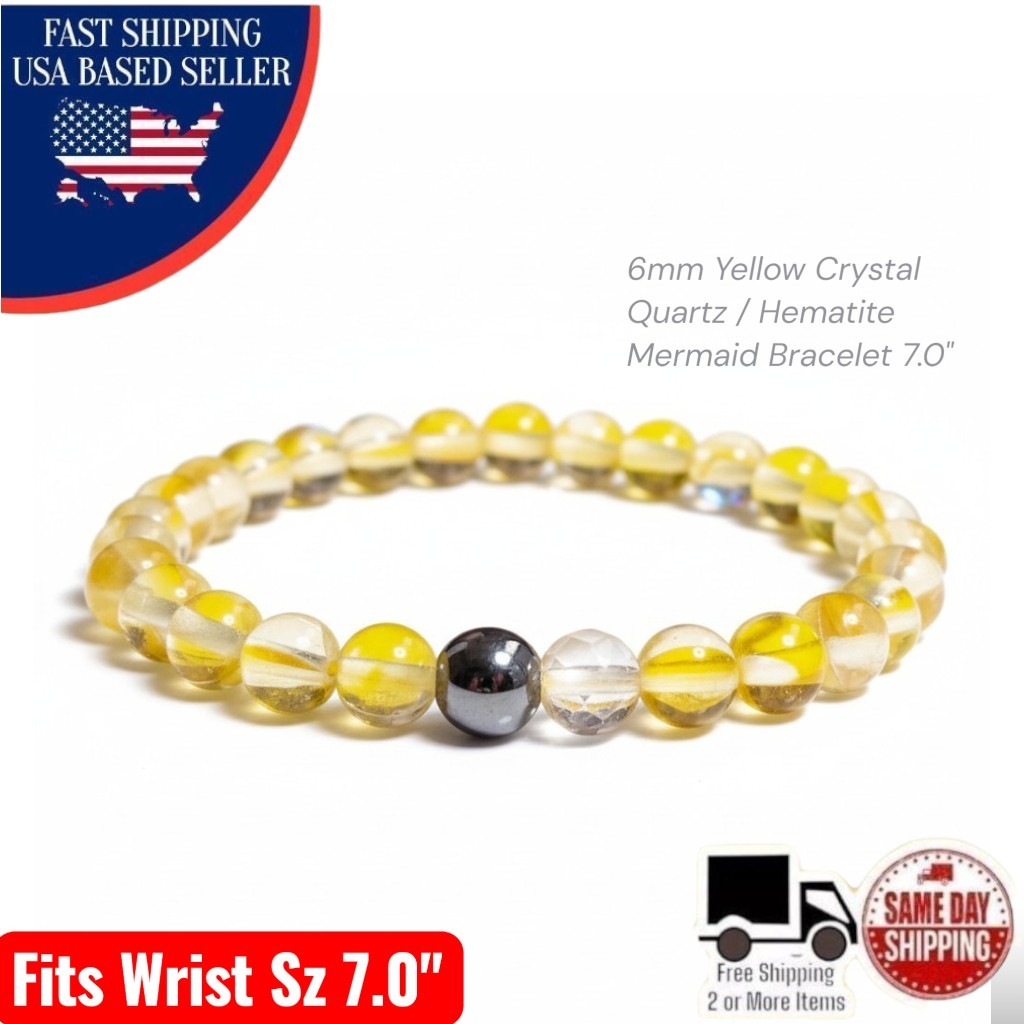 6mm Yellow Crystal Quartz / Hematite 7.0” Mermaid Beaded Bracelet