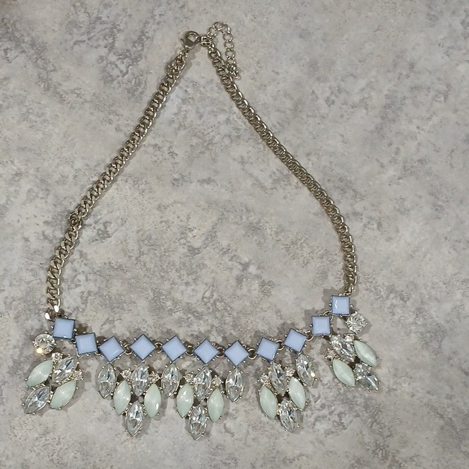 Silver Tone Curb Chain Bib Statement Necklace Blue Glass & Clear Rhinestones