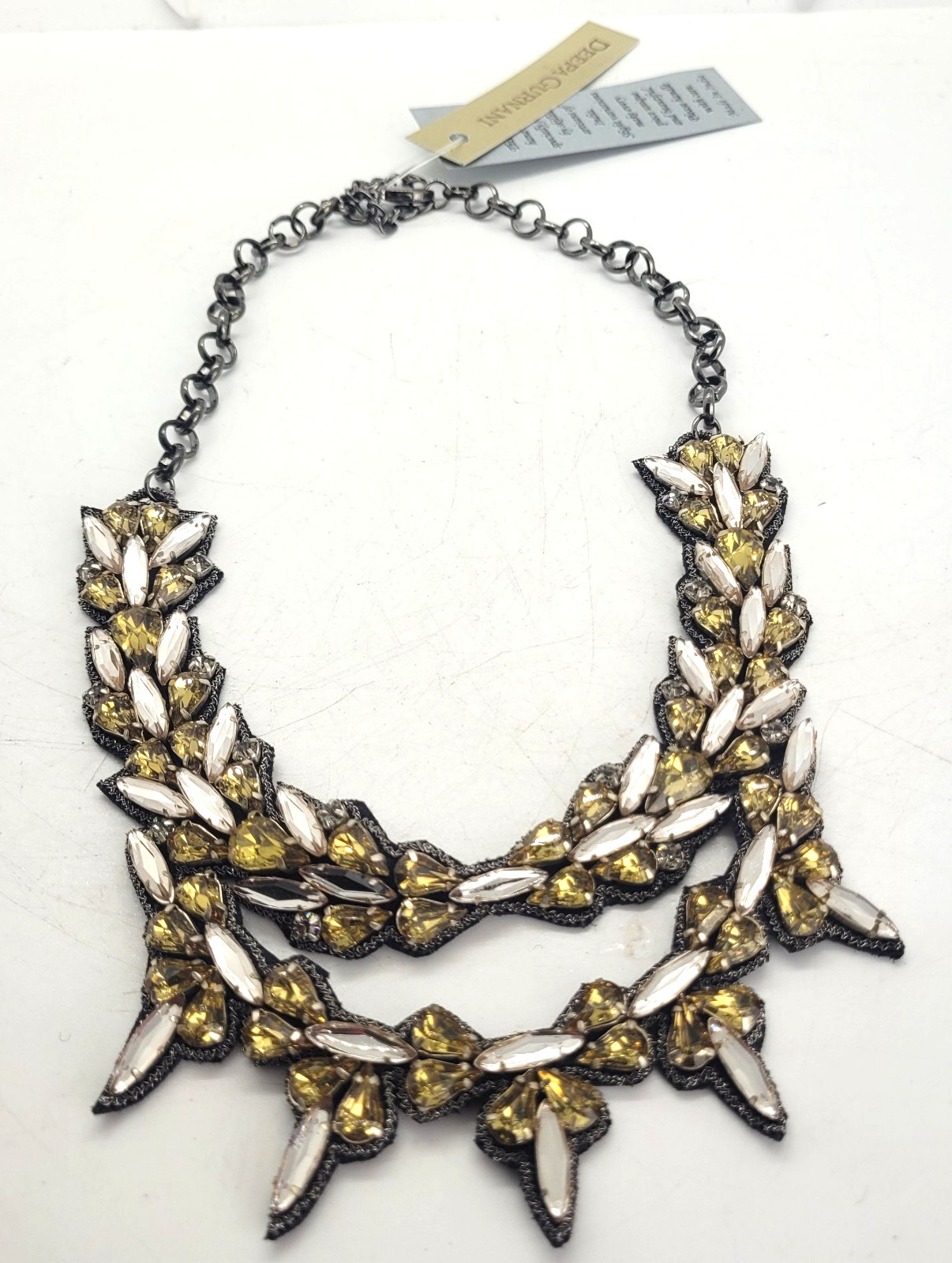 Deepa Gurnani Necklace Crystal Statement Two Tiered W/Bag
