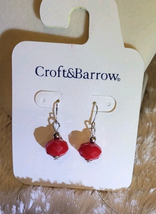Croft & Barrow Red Silver Round Bead Necklace & Earrings Jewelry Set