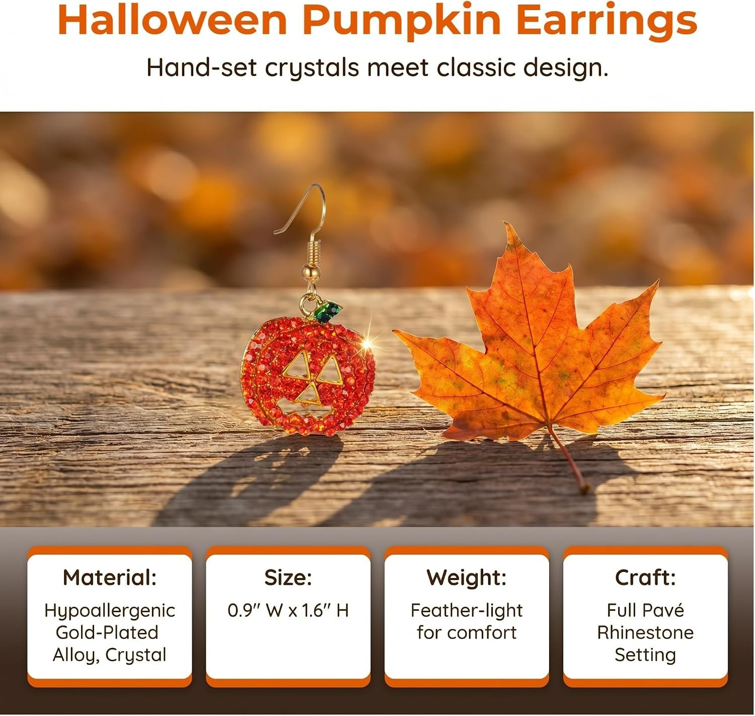 Lightweight Dangle Pumpkin Earrings in Red Crystal – Perfect for Costume Parties