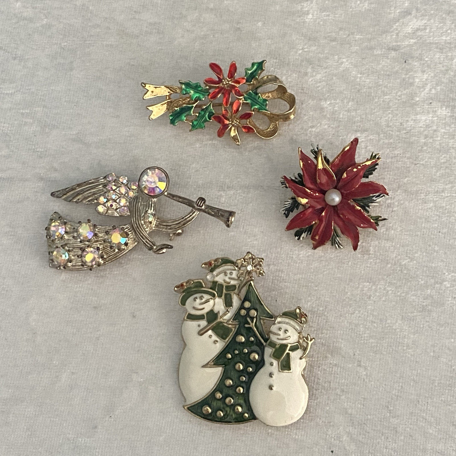 Christmas Brooches Pins Snowman Poinsetta Angel Gold Silver Tone Enamel Crystals