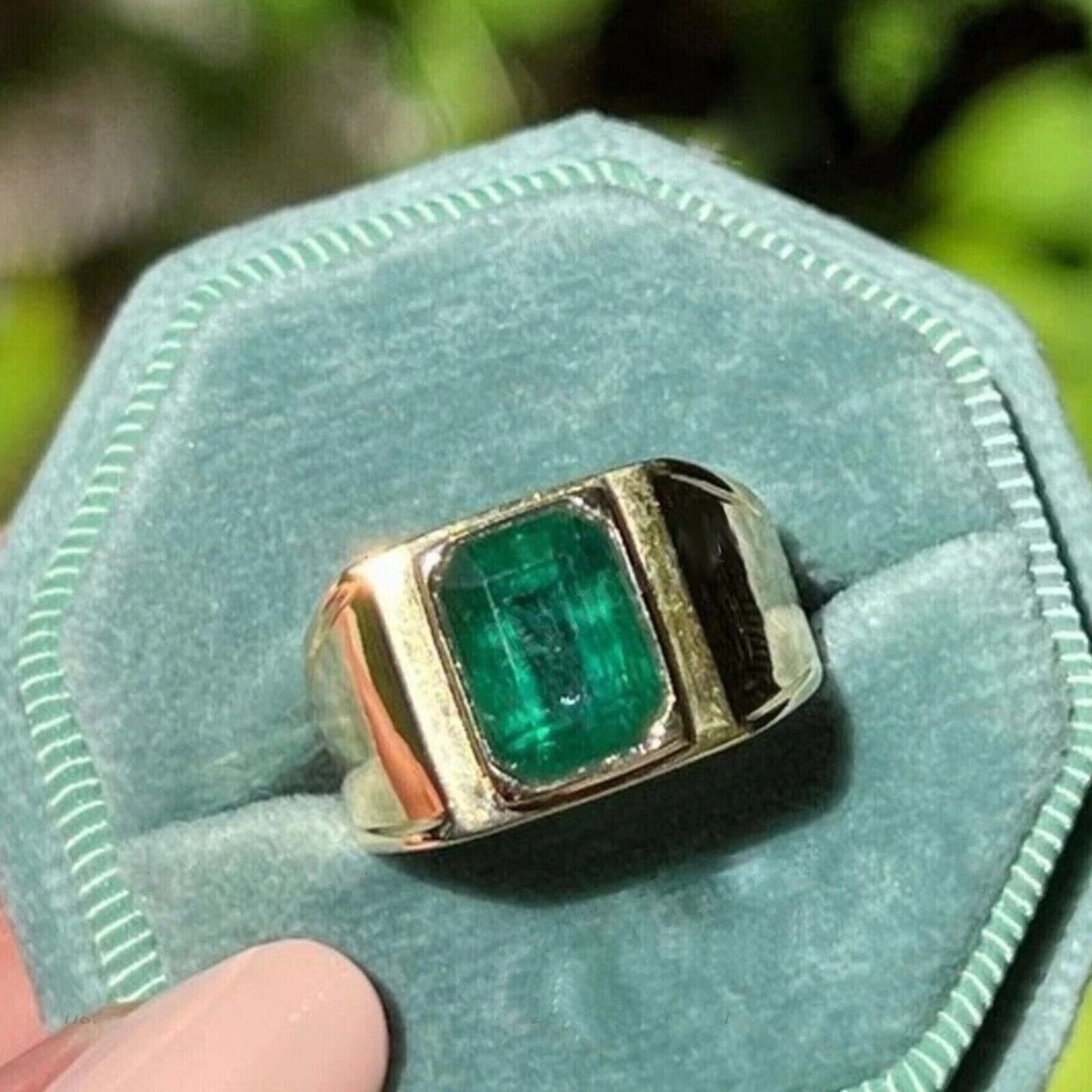 2.00CT Men’s created Emerald Bezel Engagement Ring 14K Yellow silver
