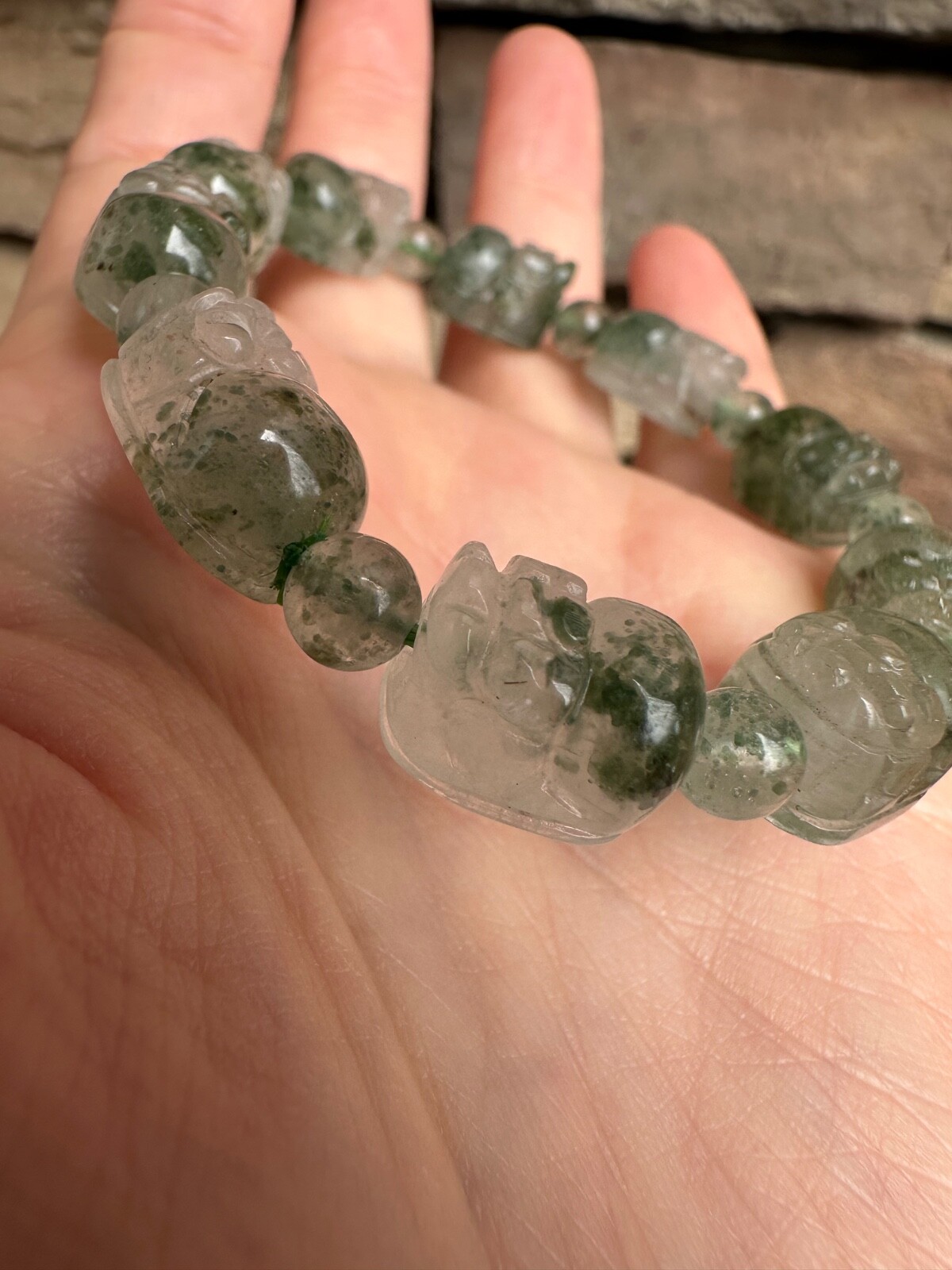 Moss Agate Bracelet Carved Pixiu Artisan Handcrafted