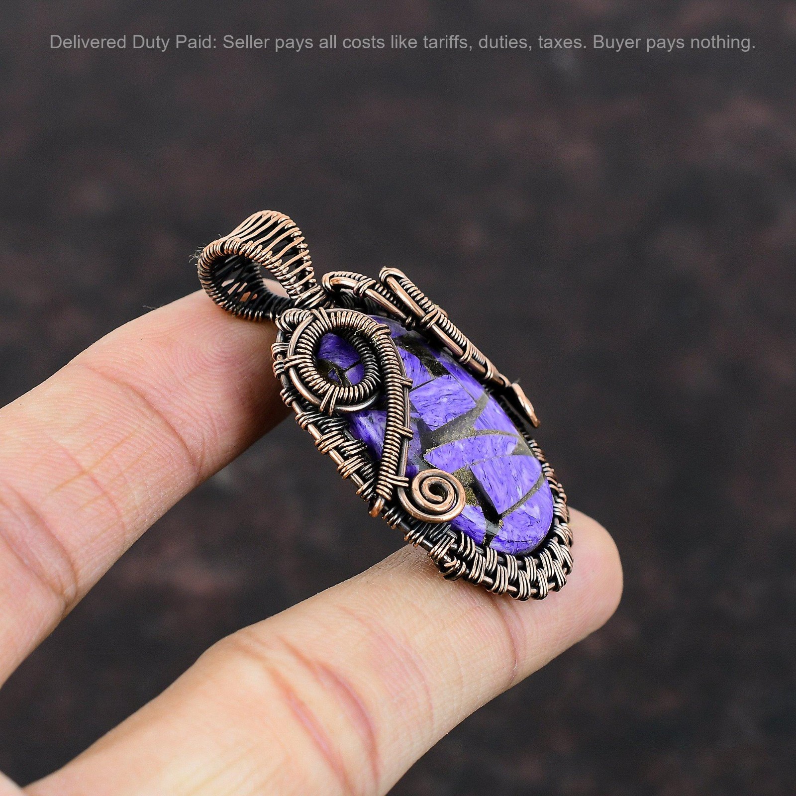 Copper Oval Copper Russian Charoite Stone Wedding Wire Wrapped Pendant Jewelry