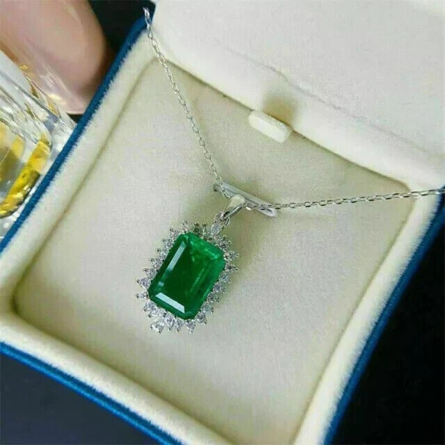 Emerald Cut Simulated Emerald Women’s Stunning Pendant In 14k White Gold Plated