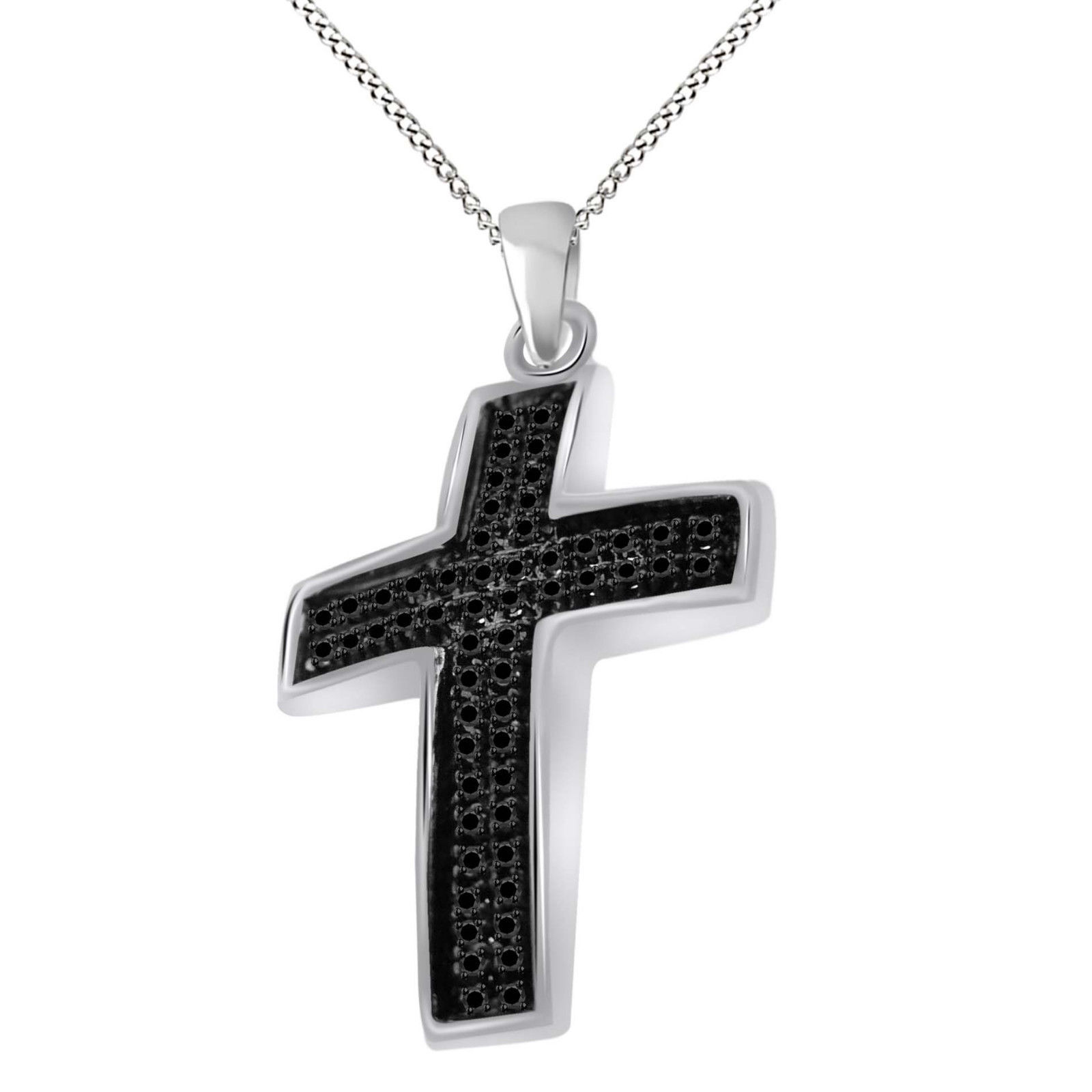Mens Cross Pendant Necklace Round Cut Black Spinel Sterling Silver