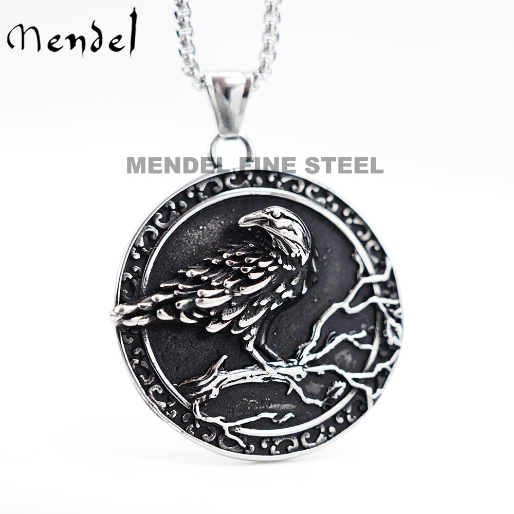 MENDEL Mens Nordic Norse Viking Odin Raven Crow Rune Sigil Sign Pendant Necklace