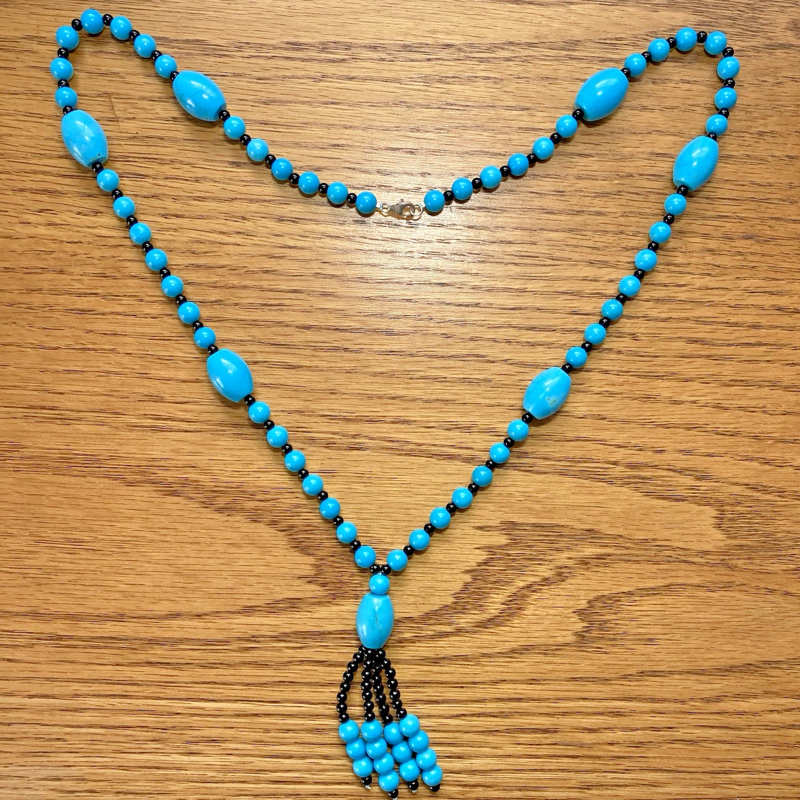 Vintage Sterling Silver Turquoise & Black Onyx Bead Necklace 31 in