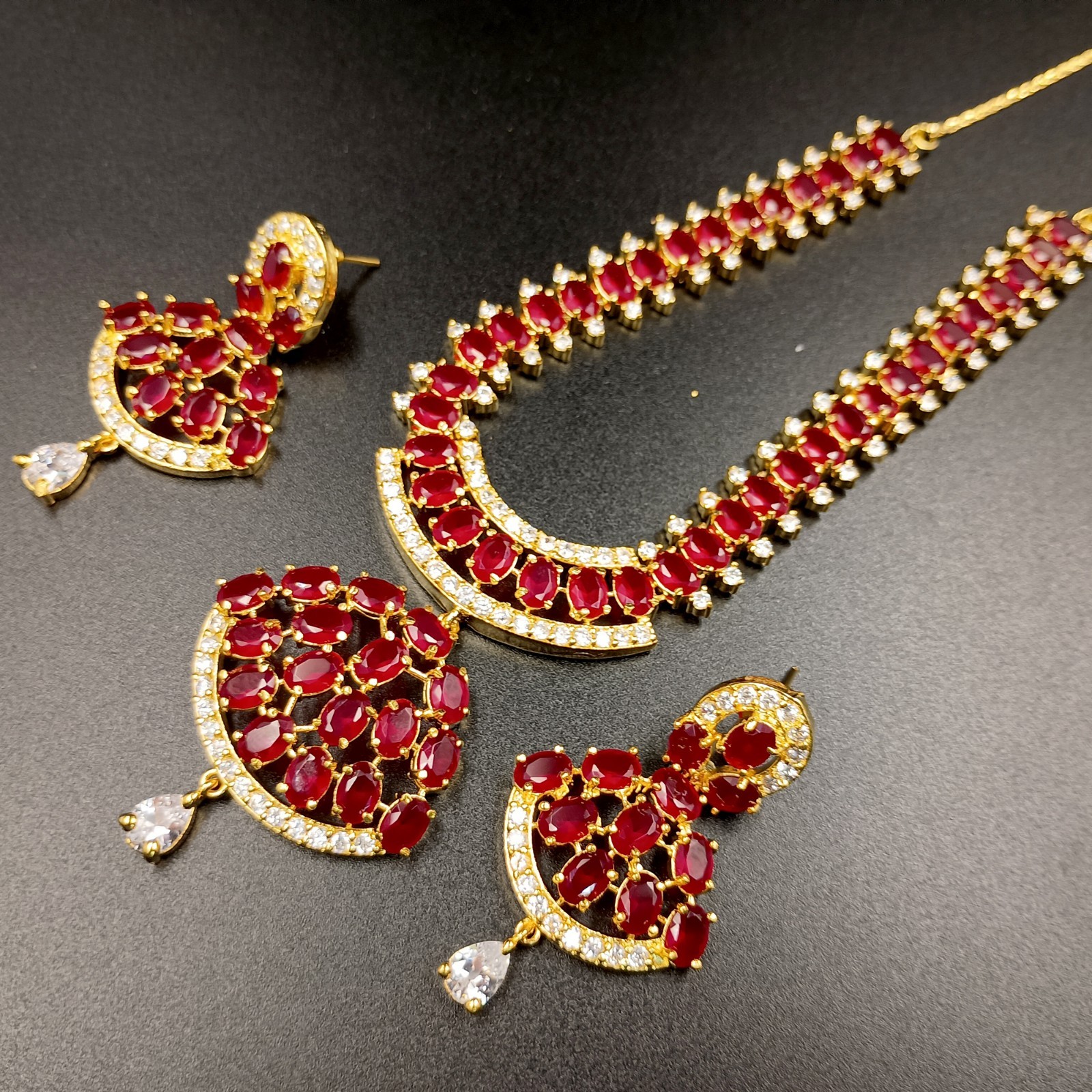 Bollywood 22K Gold Plated Ruby Necklace Set Traditional Wedding Wear Oval Stone