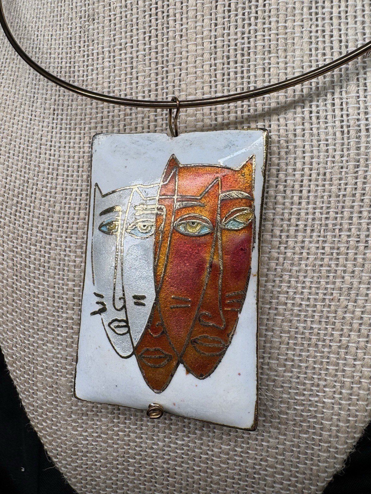 Artisan Copper Enamel Abstract Faces Pendant Necklace Picasso Style TorqueCollar