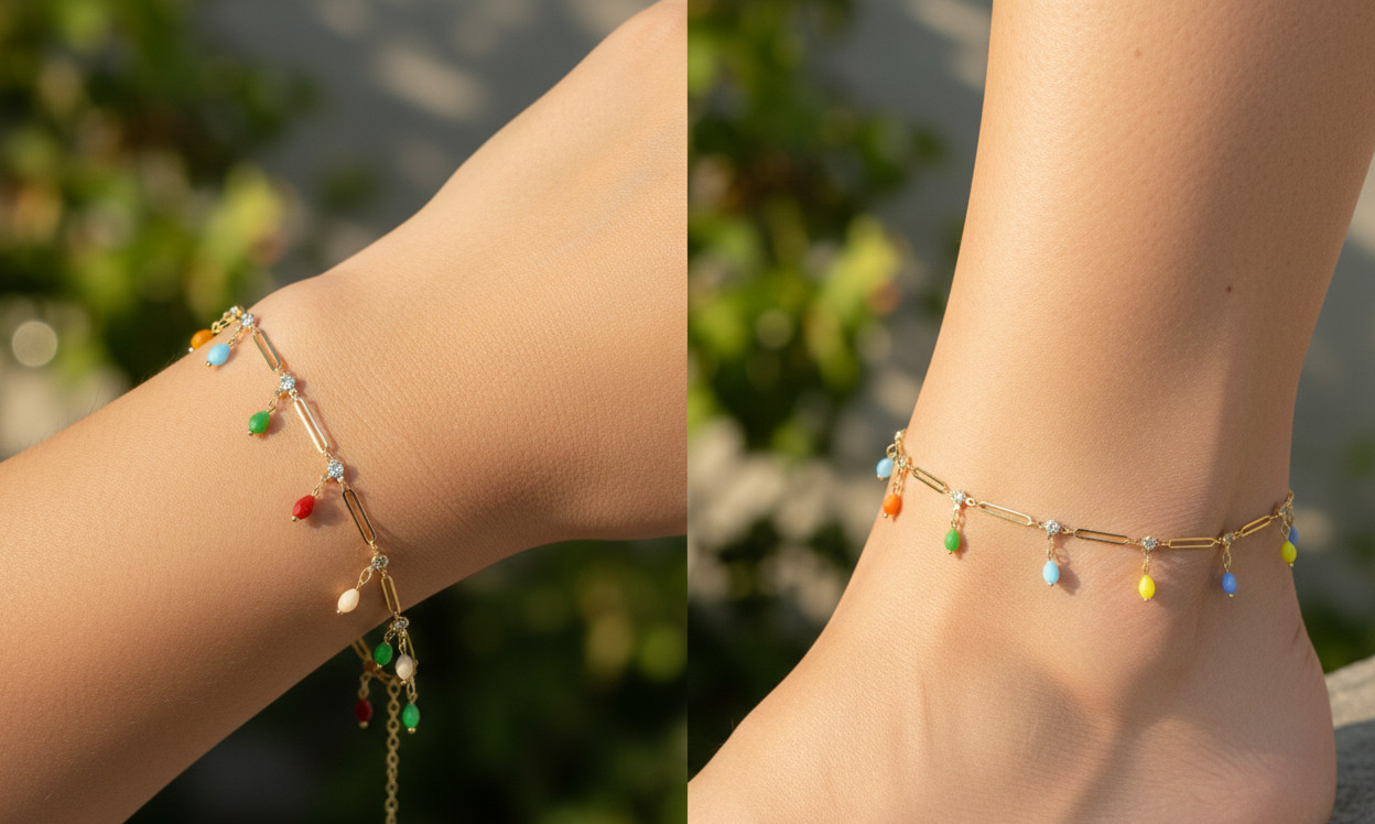 Multi-Color Gemstone Paperclip Anklet Boho 18K Gold Plated Colorful CZ Accent