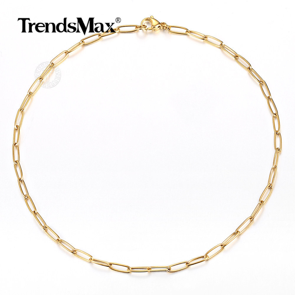 Gold PLATED Paperclip Chain Choker Women Stainless Steel Cable Link Necklace