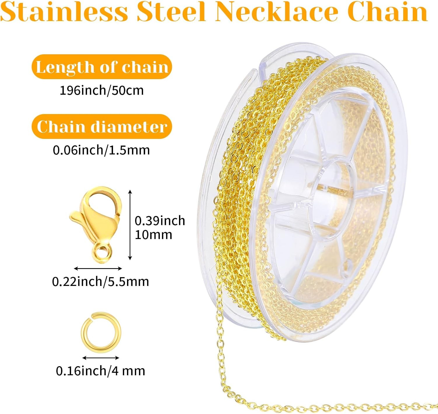 9.8Ft Necklace Chain for Jewelry Making, Gold Plated Stainless Steel Link Cable